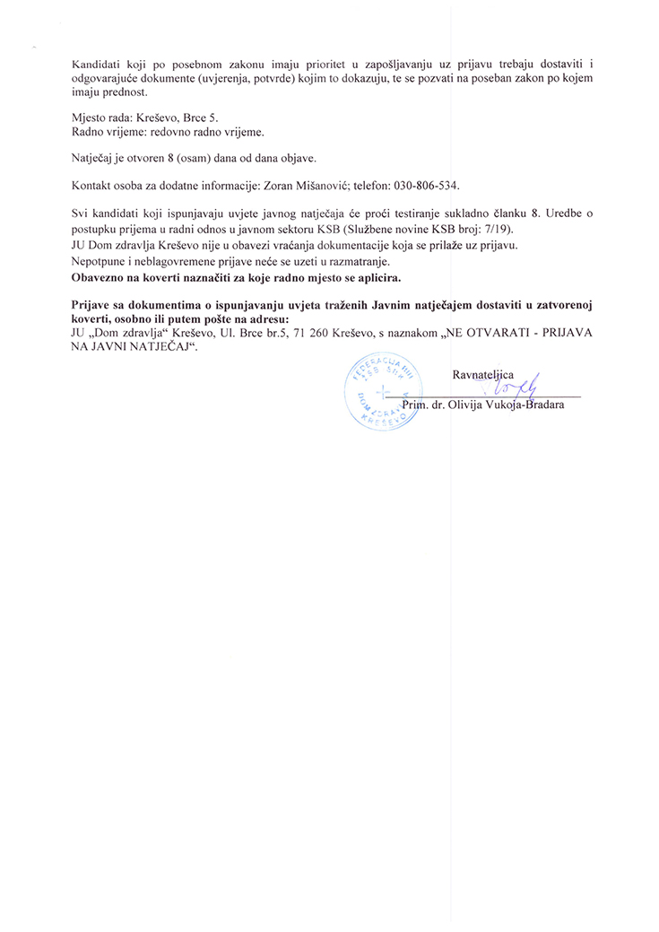 Dom zdravlja - javni natječaj za prijem u radni odnos (medicinski tehničar)