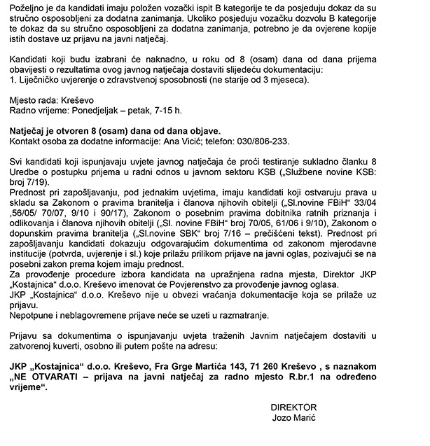 JKP "Kostajnica", natječaj za prijem radnika 