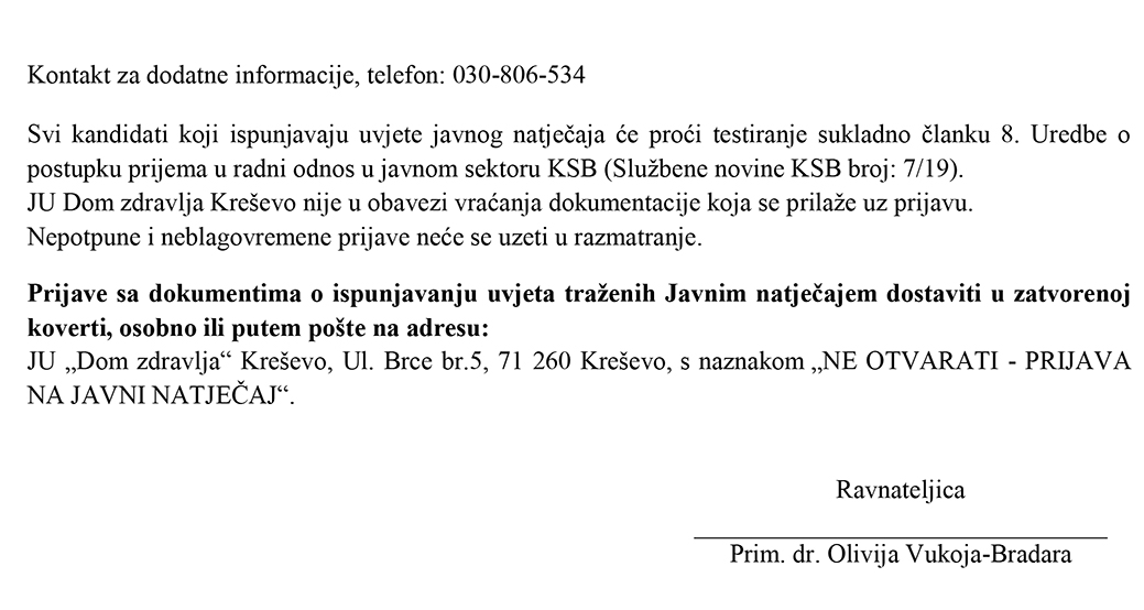 Dom zdravlja Kreševo - Javni natječaj