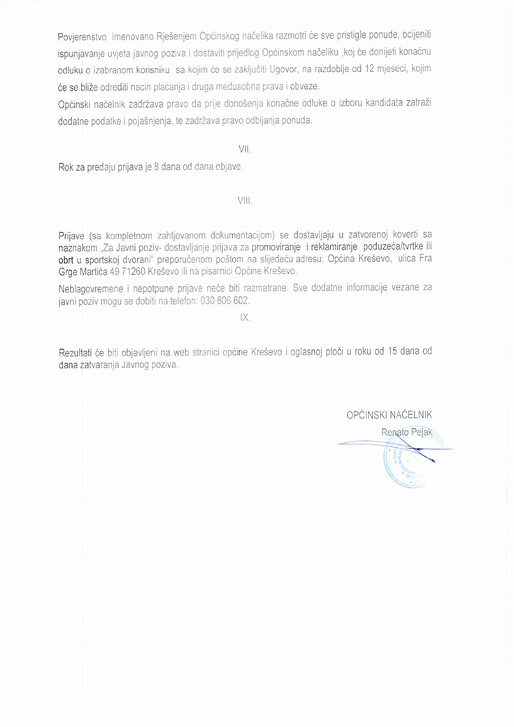 Javni poziv za promoviranje i reklamiranje tvrtke ili obrta u sportskoj dvorani