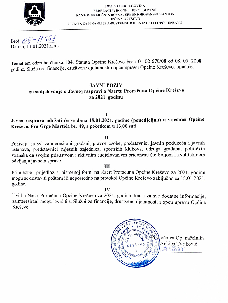 Javni poziv za sudjelovanje u javnoj raspravi o Nacrtu proračuna Općine Kreševo za 2021. godinu