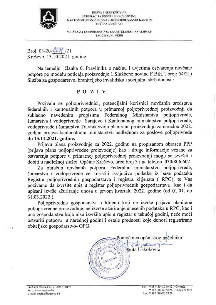 Poziv poljoprivrednicima - prijava planirane proizvodnje za 2022. godinu
