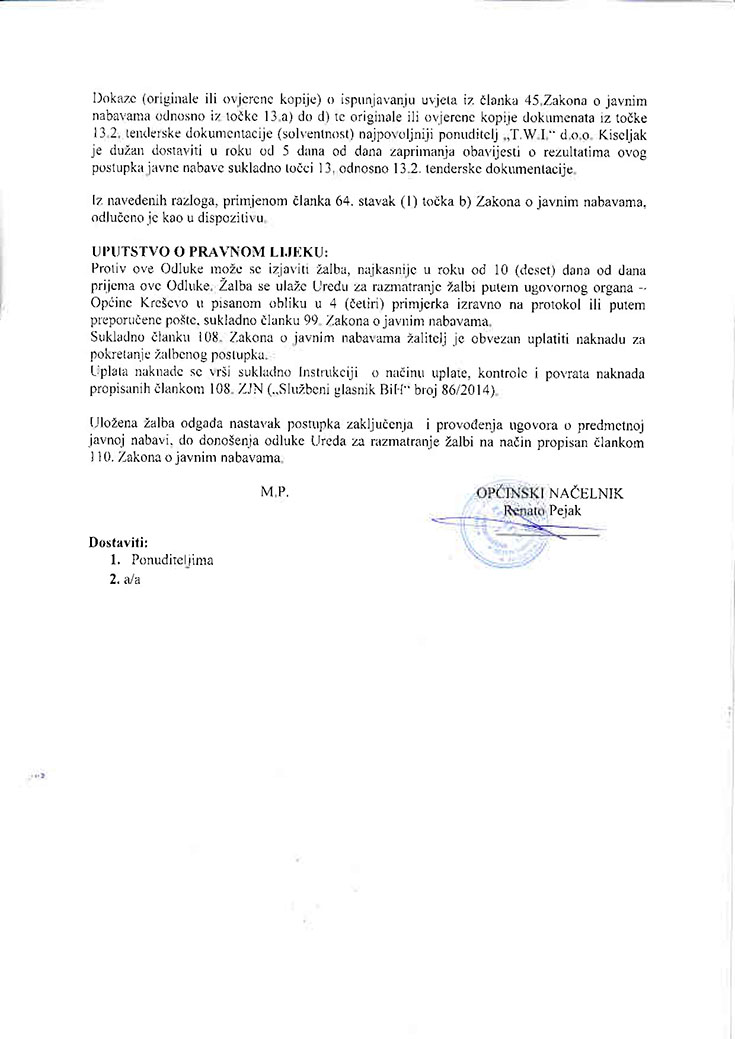 Odluka o izboru najboljeg ponuditelja u otvorenom postupku - rekonstrukcija lokalnog puta Crnići - Crnićki Kamenik