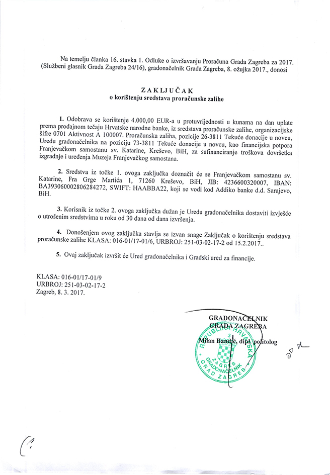 Grad Zagreb pomaže dovršetak izgradnje i uređenje muzeja Franjevačkog samostana Kreševo