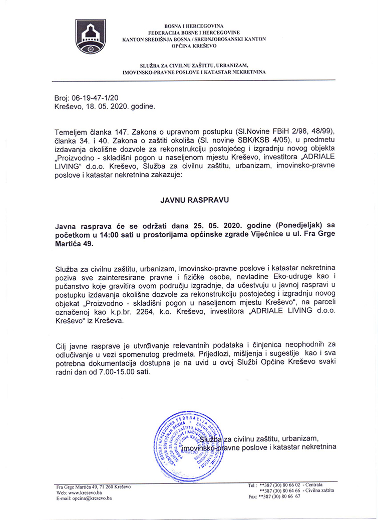 Poziv na javnu raspravu - proizvodno-skladišni prostor investitora "Asriale living" d. o. o.