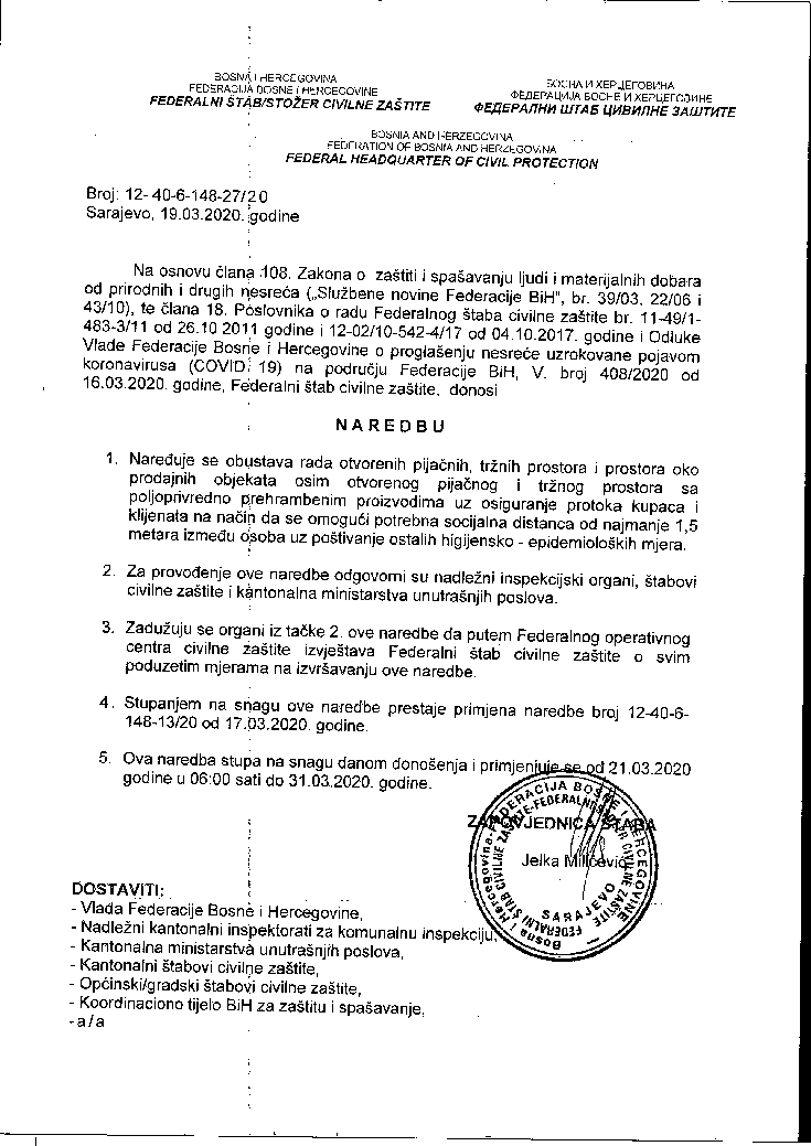 Naredba Federalnog stožera Civilne zaštite o obustavi rada tržnica