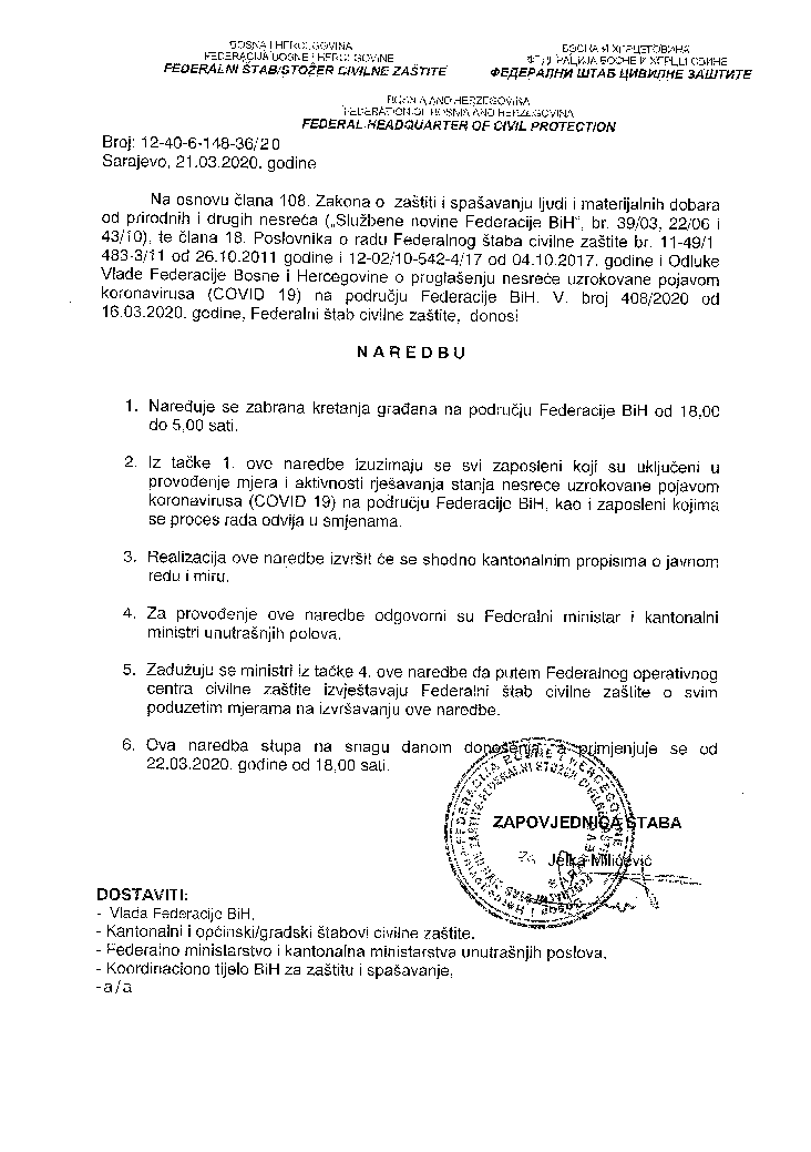 Naredba Federalnog stožera Civilne zaštite - zabrana kretanja od 18 do 5 sati