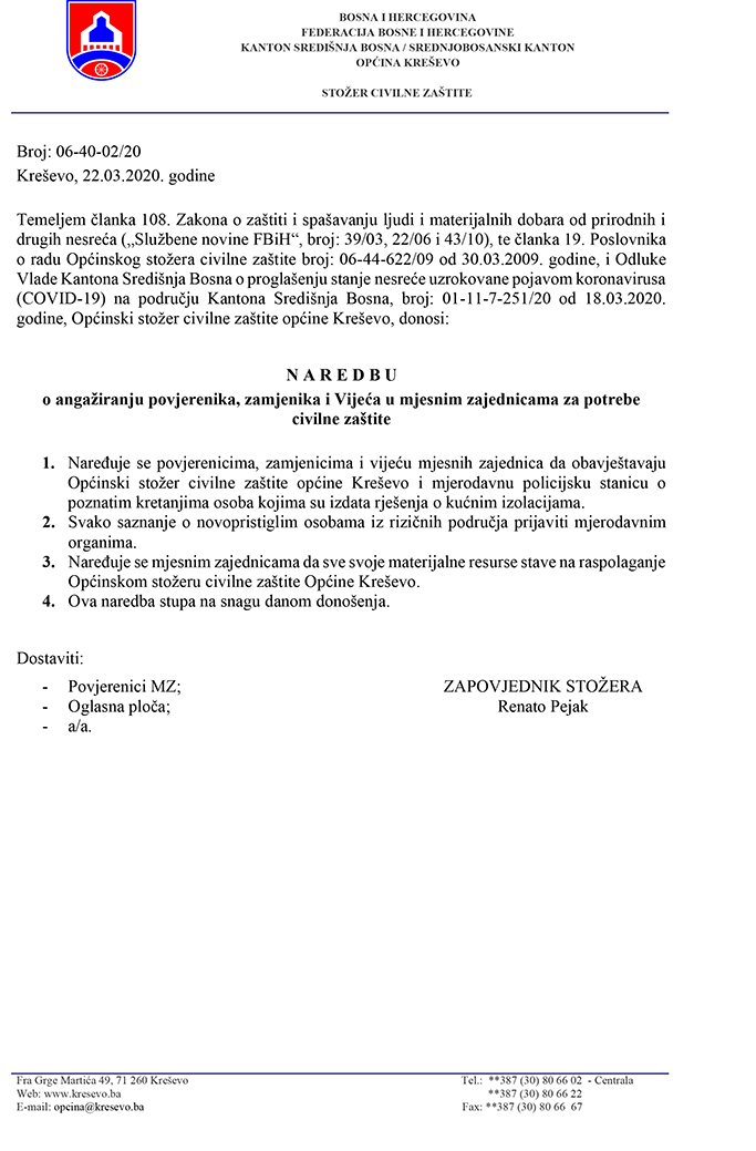 Općinski stožer Civilne zaštite - Naredba o angažiranju povjerenika, zamjenika i vijeća u mjesnim zajednicama za potrebe civilne zaštite