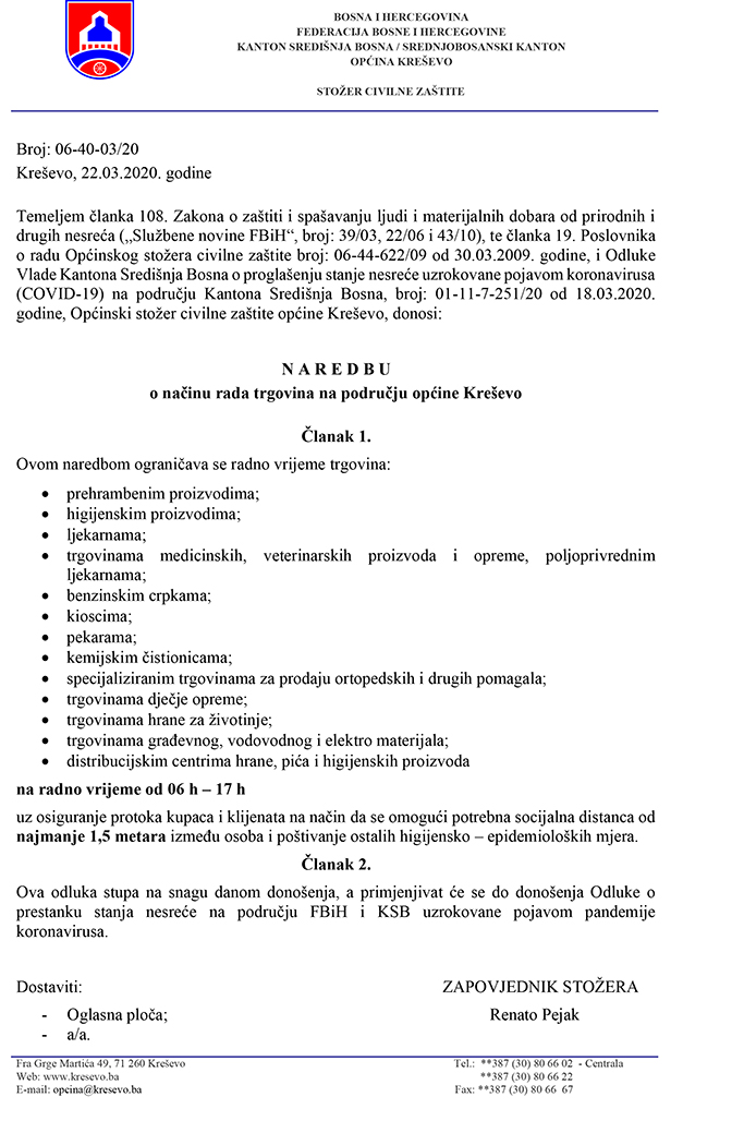 Općinski stožer Civilne zaštite - Naredba o načinu rada trgovina