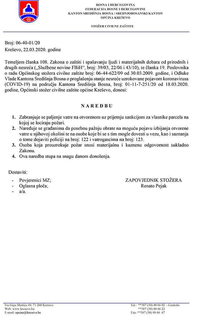 Općinski stožer Civilne zaštite - Naredba o zabrani paljenja vatre na otvorenom