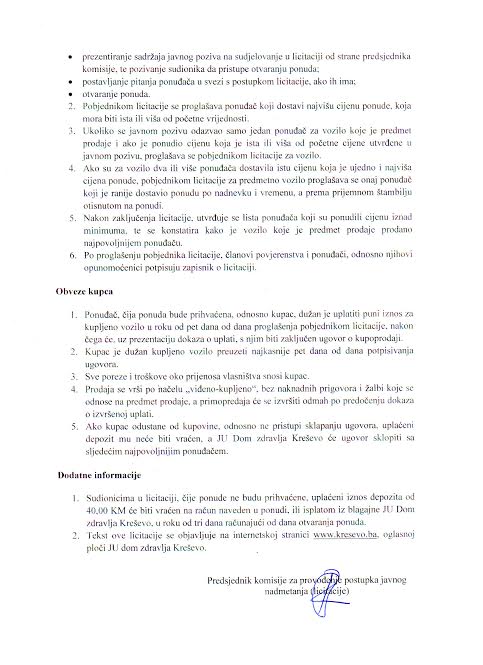 Dom zdravlja - obavijest o javnoj licitaciji za prodaju vozila