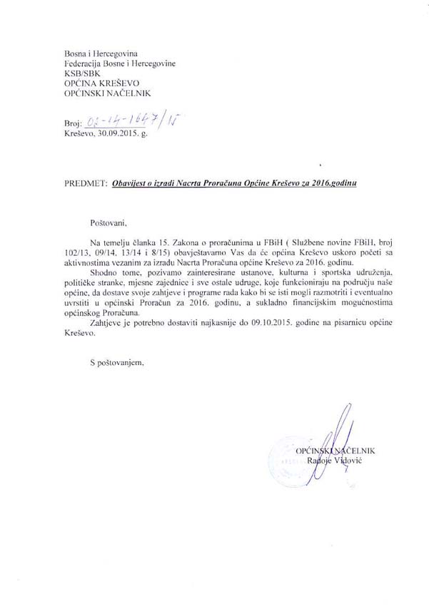 Obavijest o izradi Nacrta Proračuna Općine Kreševo za 2016. godinu