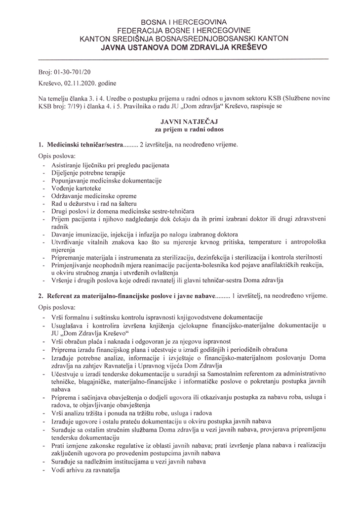 Dom zdravlja - javni natječaj za prijem u radni odnos