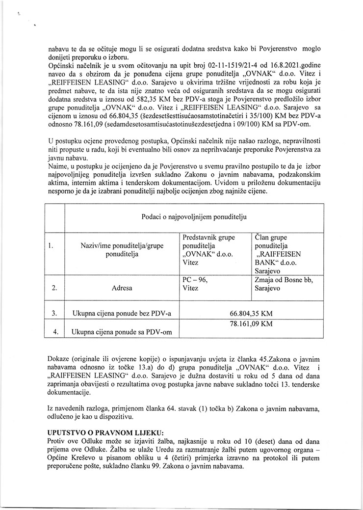 Odluka o izboru najpovoljnijeg ponuditelja OVNAK 3